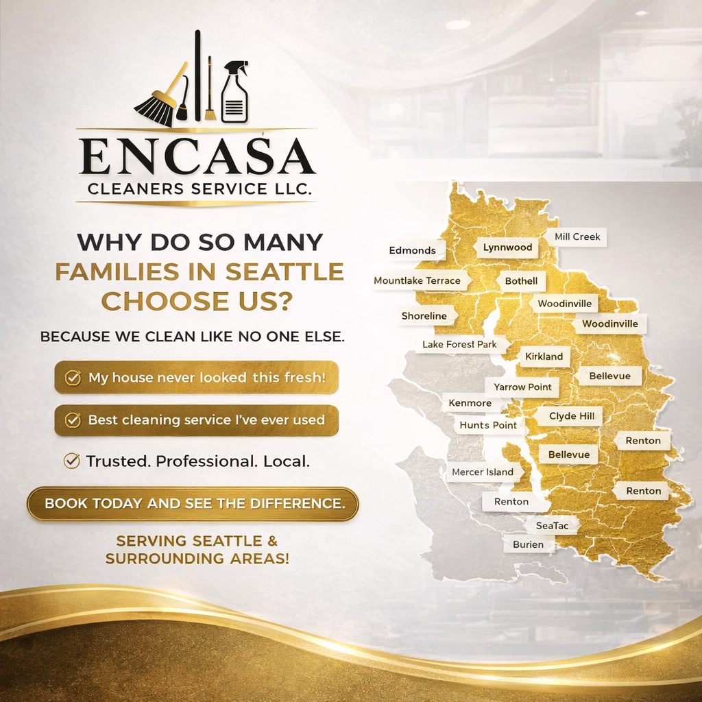Encasa service area map: Edmonds, Lynnwood, Mill Creek, Mountlake Terrace, Bothell, Woodinville, Shoreline, Lake Forest Park, Kenmore, Kirkland, Yarrow Point, Hunts Point, Clyde Hill, Bellevue, Mercer Island, Renton, SeaTac, and Burien